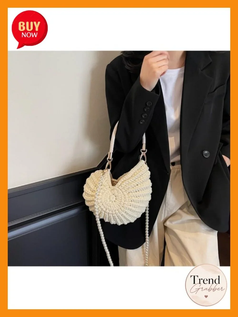 Handwoven Fashion Seashell Bag Boho Clutch Pearl Strap Leather Handle